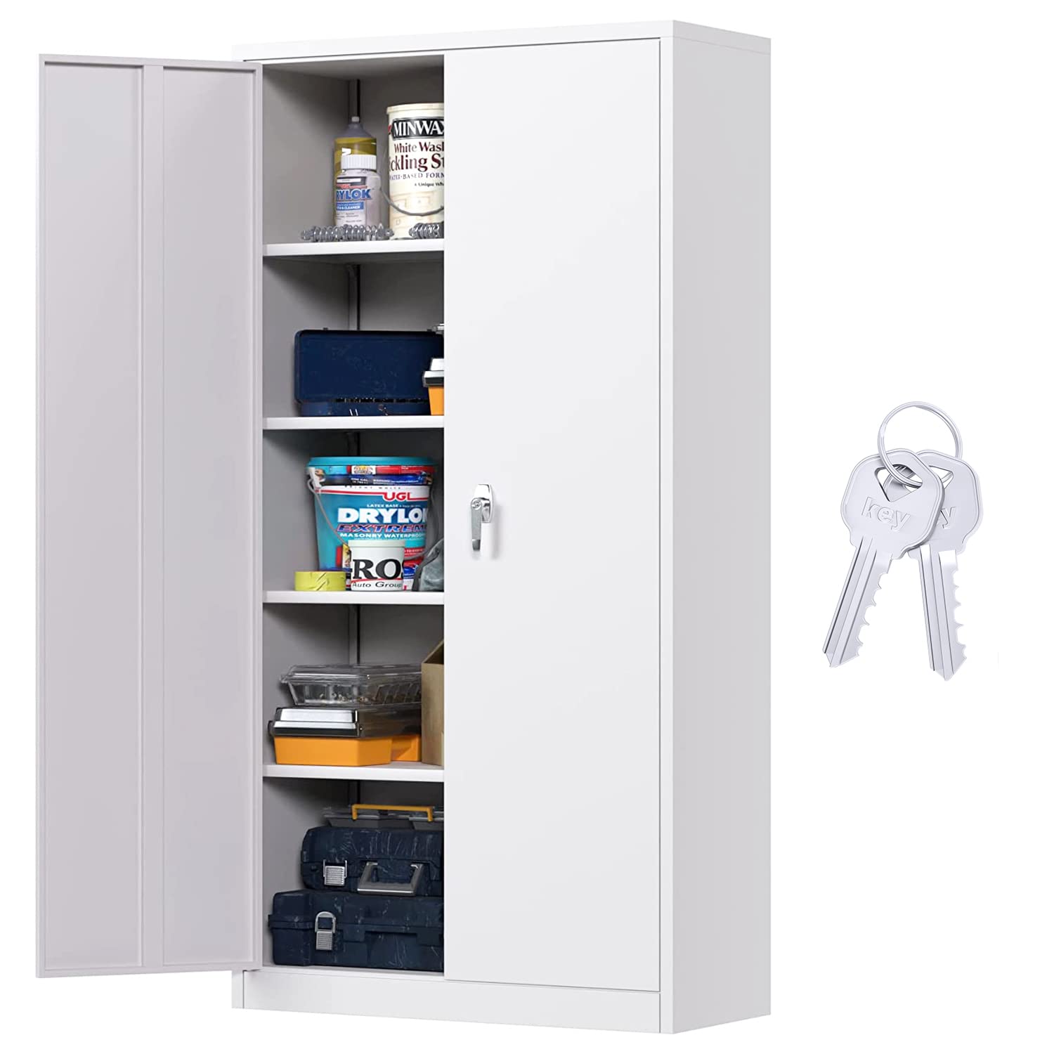 INTERGREAT White Metal Storage Cabinet Doors, 72" Locking Steel Storage Cabinet with Shelves, Tall Metal Cabinet Lockable Steel Cabinets for Home INTERGREAT