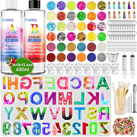 IGaiety Letter Molds Backward Alphabet Mold Starter Kit 206 pcs Silicone Number Molds Epoxy Resin Mold with Accessories for Resin Beginner Jewelry IGaiety
