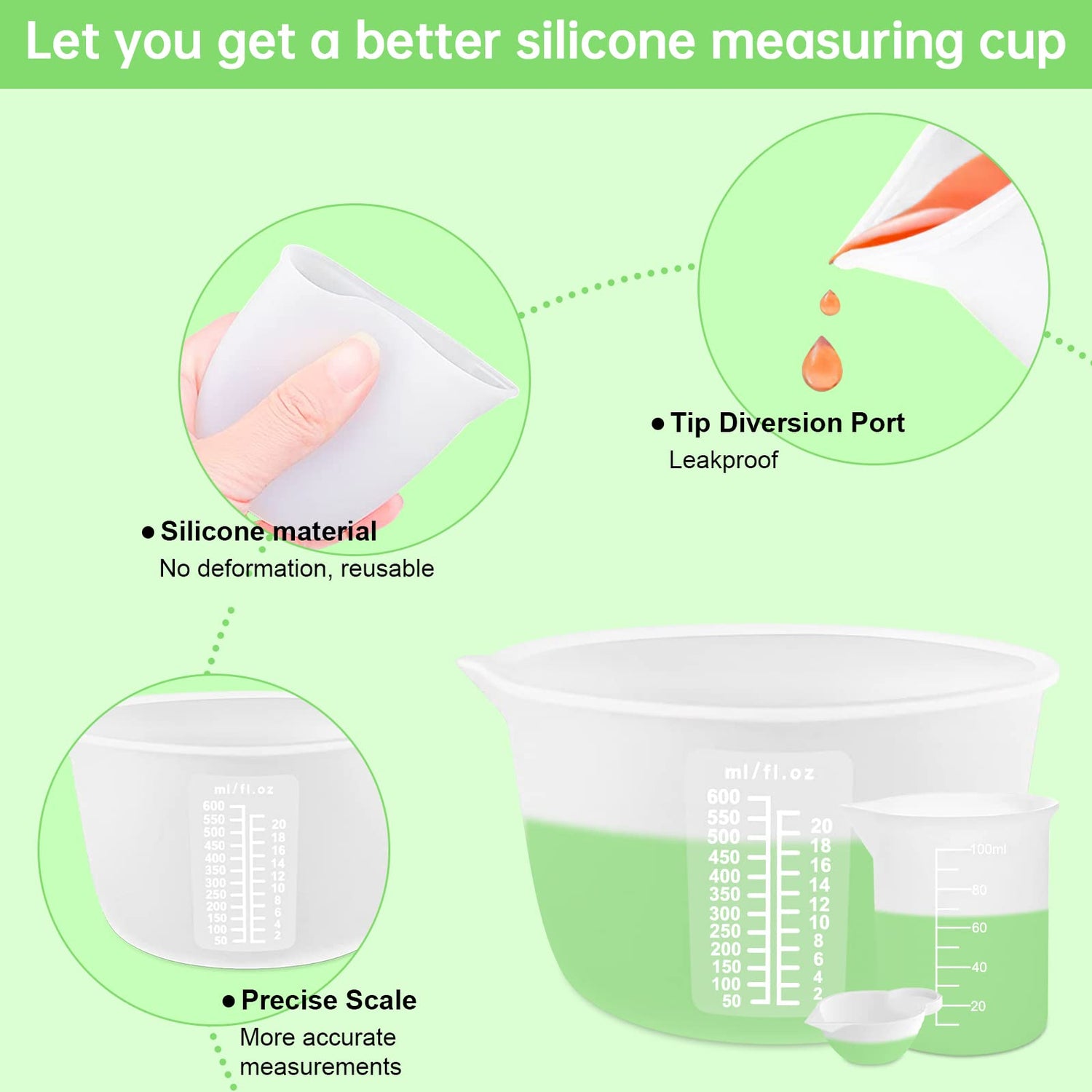 Silicone Measuring Cups Kit for Resin, Epoxy Supplies Set with 600ml, 250ml & 100ml Silicone Cups, Reusable Resin Supplies Cups with Silicone Mat, Sjubaopen