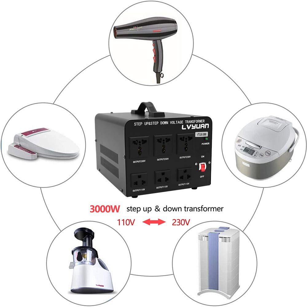 LVYUAN 3000 Watt Voltage Converter Transformer Heavy Duty Step Up/Down AC 110V/120V/220V/240V Power Converter with 3 US Outlets, 3 Universal Outlets, LVYUAN