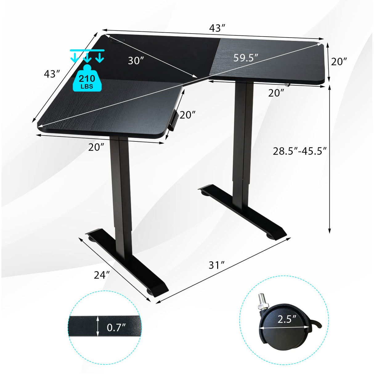 COSTWAY L Shaped Electric Adjustable Desk, L-Shaped Standing Computer Desk w/Splice Tabletop, 2 Hooks & Rolling Casters, Sit-Stand Corner Desk w/ 4 COSTWAY