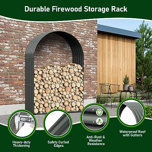 A ANLEOLIFE Galvanized Steel Firewood Storage Shed Outdoor Corrugated Metal Log Rack, Heavy Duty Log holder Lumber Storage Stand -Arch Gray - WoodArtSupply