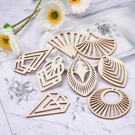 80pcs Natural Unfinished Wooden Earring Pendant 8 Styles Undyed Filigree Round Teardrop Blank Cutout Wood Dangle Earrings Kit with Jump Rings & Fish EEE ELECRELIVE
