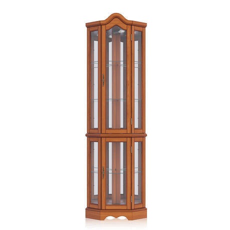 BELLEZE Lighted 3-Side Glass Display Curio Cabinet w/Tempered Glass Doors and Shelves, Curved Wood Corner Cabinet with Bulb, Corner Storage BELLEZE