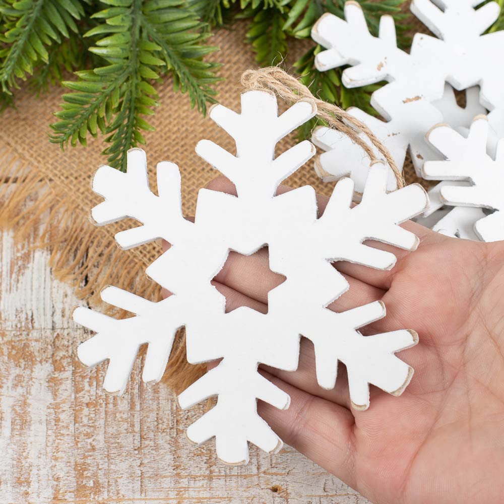 Rustic Wooden Snowflake Christmas Ornaments - 12 Old Fashion White Wood Snowflake Ornaments with Jute String Hangers for Christmas Tree Garland or Factory Direct Craft