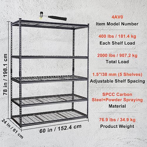 VEVOR Storage Shelving Unit, 5-Tier Adjustable, 2000 lbs Capacity, Heavy Duty Garage Shelves Metal Organizer Wire Rack, Black, 60" L x 24" W x 78" H VEVOR
