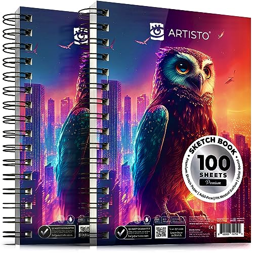 ARTISTO 5.5X8.5” Premium Sketch Book Set, Pack of 2 (200 Sheets), 68lb (100g/m2), Spiral Bound, Acid-Free Drawing Paper, Perfect for Most Dry Media - WoodArtSupply