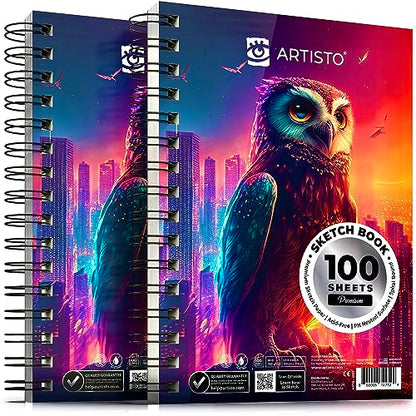 ARTISTO 5.5X8.5” Premium Sketch Book Set, Pack of 2 (200 Sheets), 68lb (100g/m2), Spiral Bound, Acid-Free Drawing Paper, Perfect for Most Dry Media - WoodArtSupply