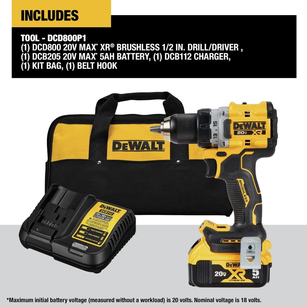 DEWALT 20V MAX* XR® Brushless Cordless 1/2 in. Drill/Driver Kit (DCD800P1), Yellow DEWALT