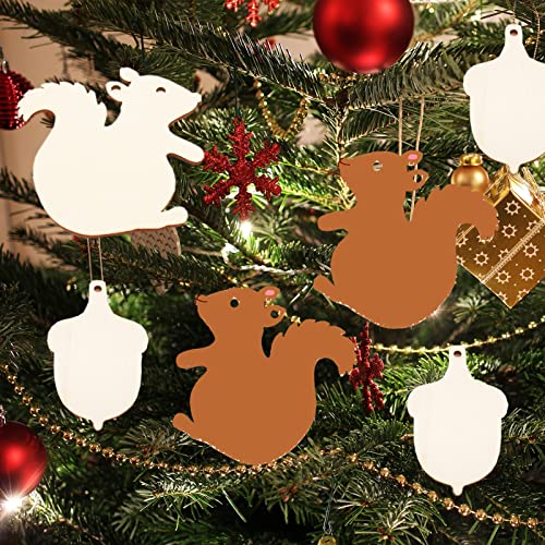 30 Pieces Thanksgiving Unfinished Wooden Cutouts Wood Squirrel and Acorn Shaped Ornaments Wooden Gift Tags DIY Crafts with Hemp Ropes for Fall
