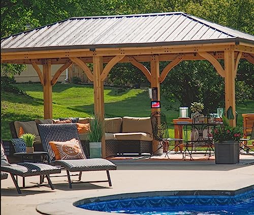 Backyard Discovery Barrington 20 ft. x 12 ft. All Cedar Wood Carport Pavilion Gazebo, Shade, Rain, Hard Top Steel Metal Roof, All Weather Protected, Backyard Discovery