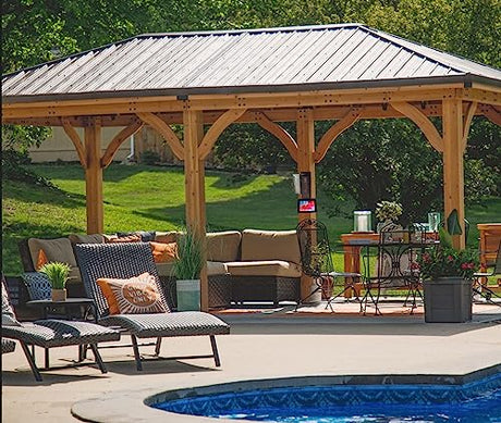 Backyard Discovery Barrington 20 ft. x 12 ft. All Cedar Wood Carport Pavilion Gazebo, Shade, Rain, Hard Top Steel Metal Roof, All Weather Protected, Backyard Discovery