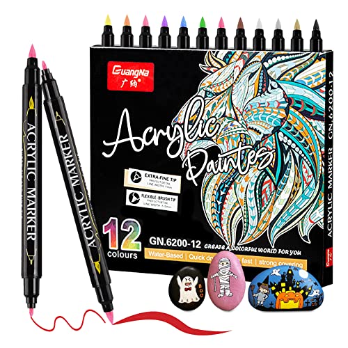 Guangna 12 Colors Acrylic Paint Pens Brush Dual Tip, Acrylic Paint Markers with Brush Tip and Fine Tip, Paint Pens Markers Set for Rock Painting, - WoodArtSupply