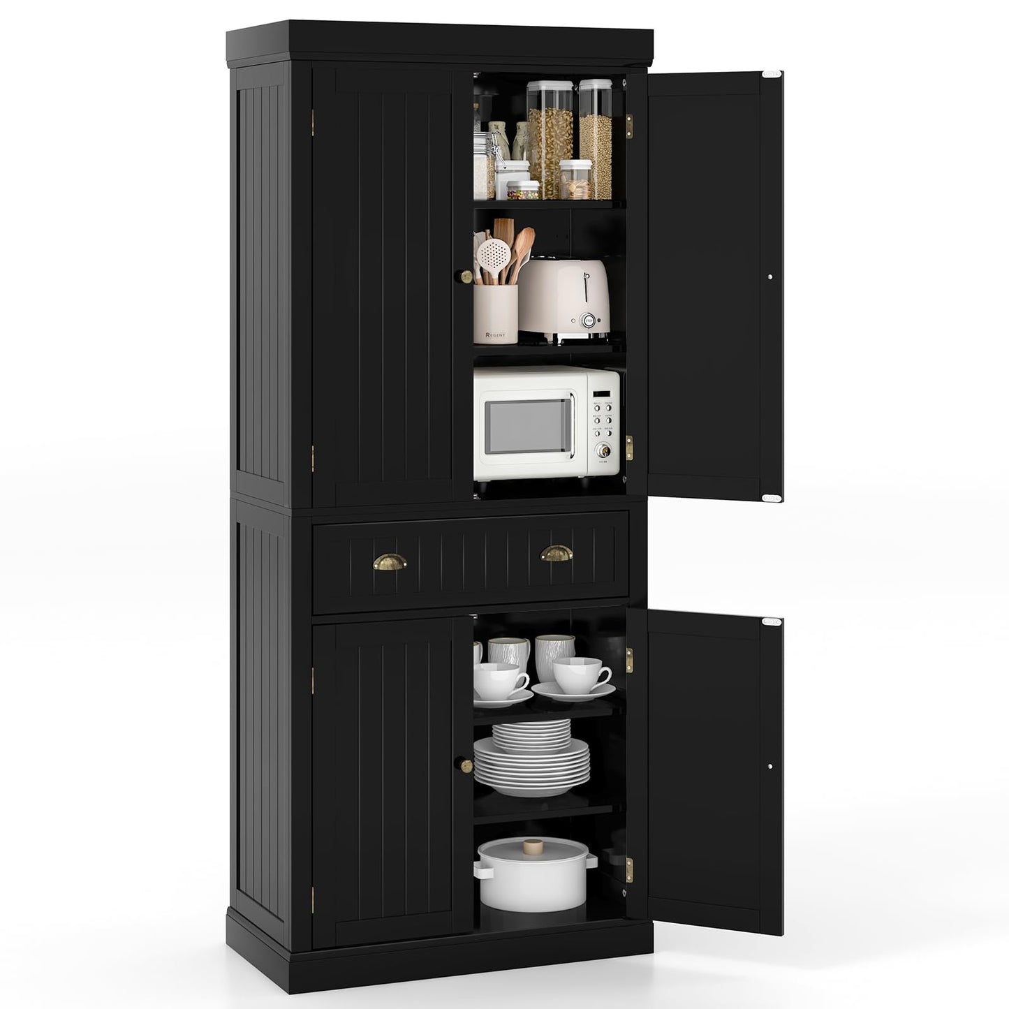 Tangkula 72" H Kitchen Pantry Cupboard Cabinet, Traditional Freestanding Large Tall Storage Cabinet with 2 Cabinets and Drawer, Adjustable Shelves,