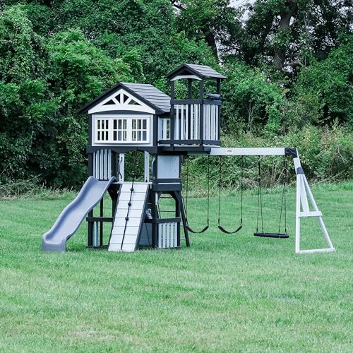 Backyard Discovery Whispering Point All Cedar Wooden Swing Set, Raised Club House, Grey Wave Slide, Web Swing, Climbing Wall, 2 Belt Swings, Crow's Backyard Discovery