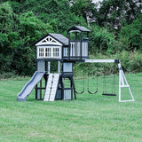 Backyard Discovery Whispering Point All Cedar Wooden Swing Set, Raised Club House, Grey Wave Slide, Web Swing, Climbing Wall, 2 Belt Swings, Crow's Backyard Discovery