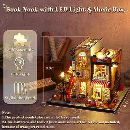 DIY Miniature Dollhouse Kit, Book Nook Kit Tiny House Model with LED Music Box, 3D Wooden Puzzle for Adults, Self-Assembly Bookend Building Set