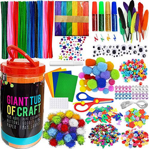 MOISO Kids Crafts and Art Supplies Jar Kit - 550+ Piece Set - Plus Glitter Glue, Construction Paper, Colored Popsicle Sticks, Eyes, Pipe Cleaners - WoodArtSupply