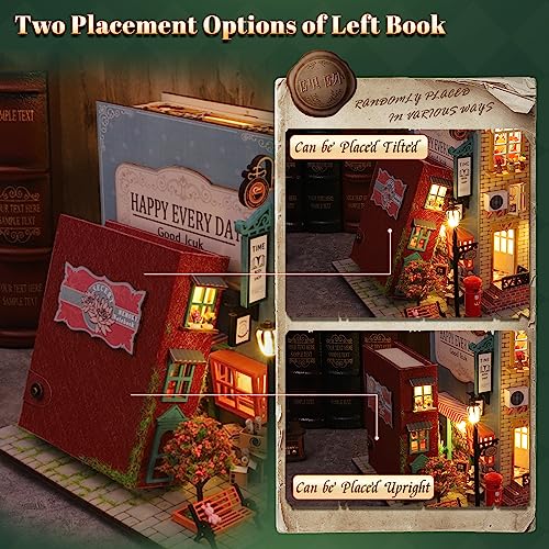 DIY Miniature Dollhouse Kit, Book Nook Kit Tiny House Model with LED Music Box, 3D Wooden Puzzle for Adults, Self-Assembly Bookend Building Set Hallisun