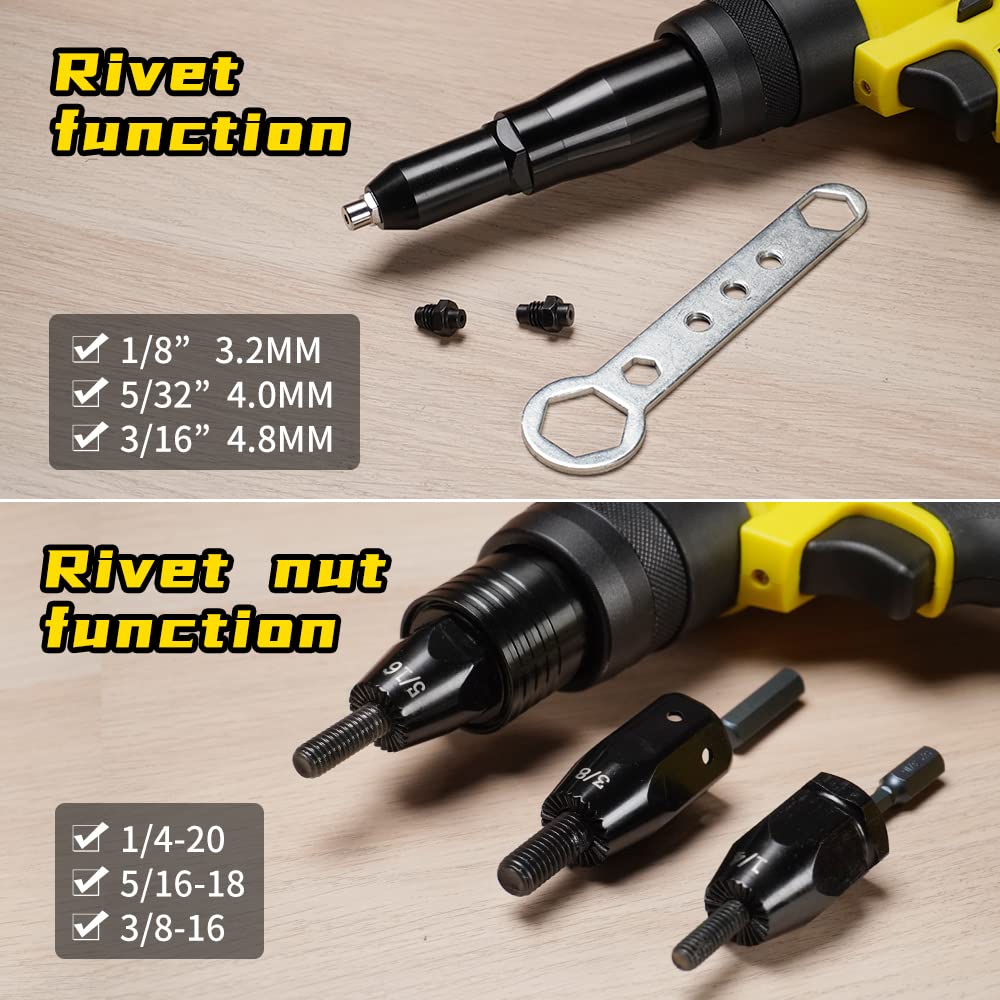 HIFESON Cordless Rivet Gun Tool, 26V Electric Automatic Rivet & Rivet nut Two Functions Professional Kit with 2pcs Battery & Charger (3/16", 5/32", - WoodArtSupply