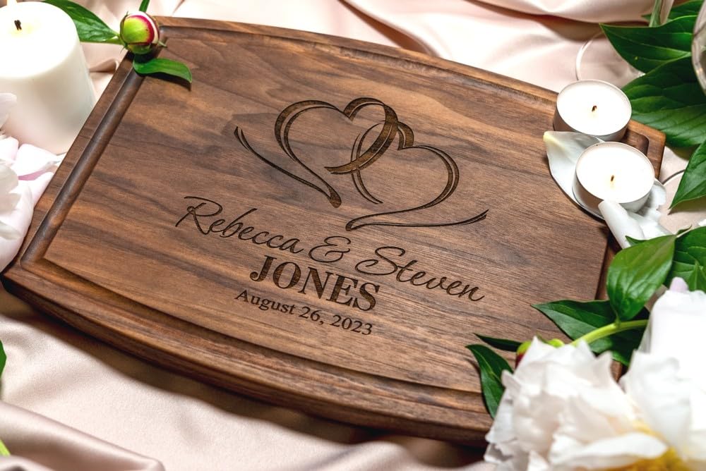 Personalized Cutting Board, Custom Wedding, Anniversary or Housewarming Gift Idea, Wood Engraved Charcuterie, for Newlyweds and Couples, Two Hearts - WoodArtSupply