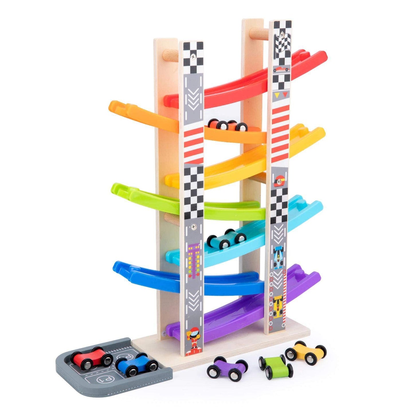 WOOD CITY Toddler Toys for 1 2 3 Years Old, Wooden Car Ramp Racer Toy Vehicle Set with 7 Mini Cars & Race Tracks, Montessori Toys for Toddlers Boys