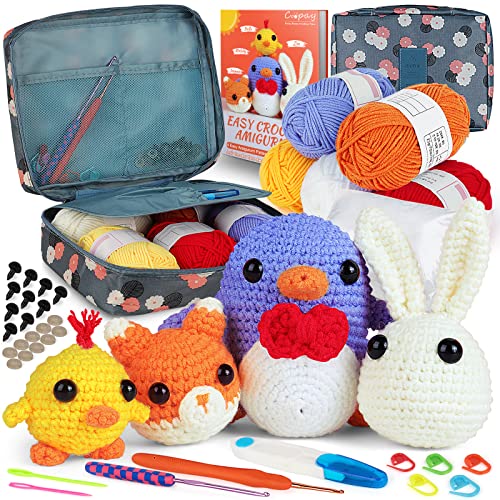 Coopay Crochet Kit for Beginners Kids Adults - Cute Penguin, Chicken, Rabbit & Fox, Complete Crochet Set with 4 Different Crochet Patterns, DIY Coopay