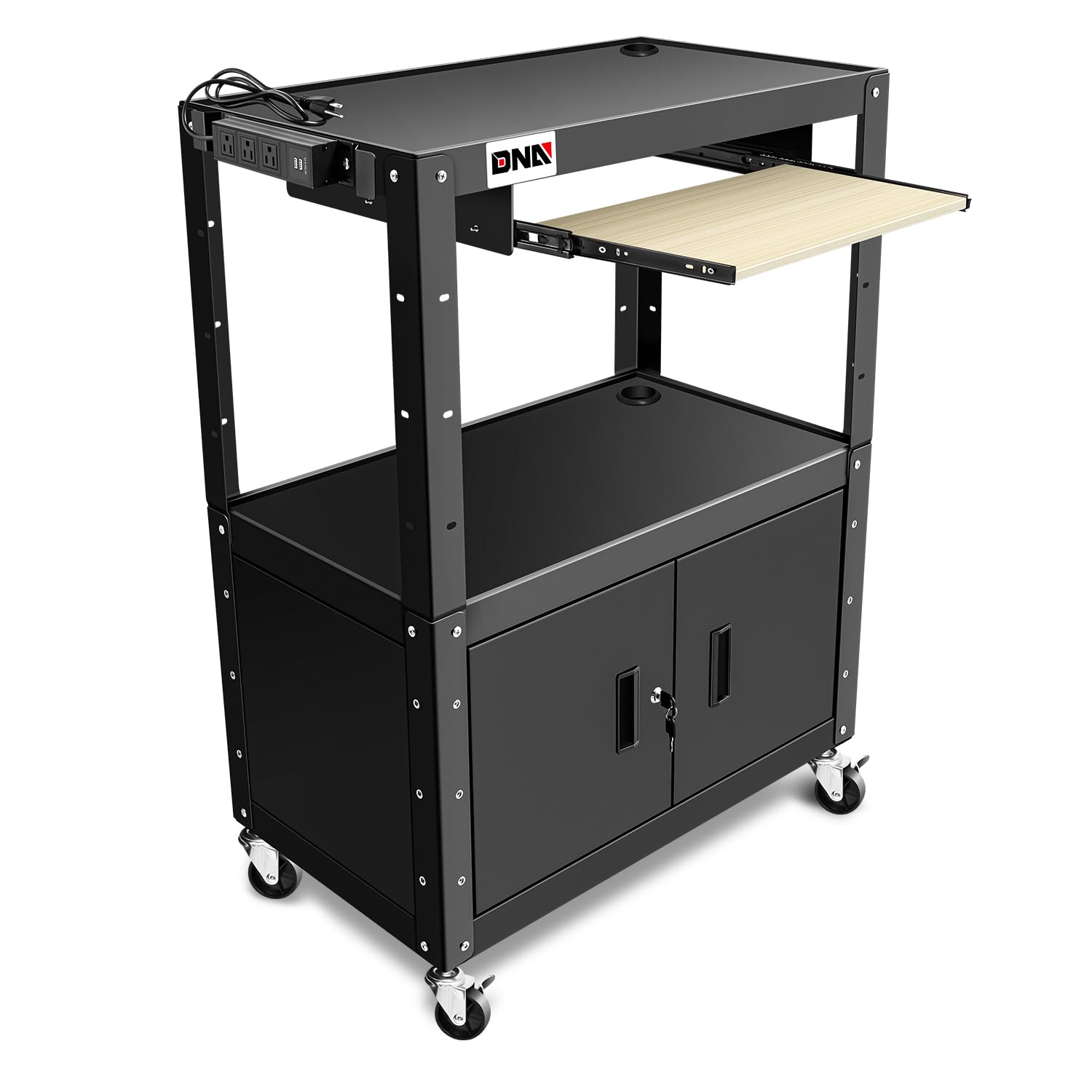 DNA MOTORING Steel AV Cart with Extra Storage Cabinet, 30.8" x 18" x 22"-42" Height Adjustable Rolling Projector Utility Cart, TOOLS-00293 - WoodArtSupply