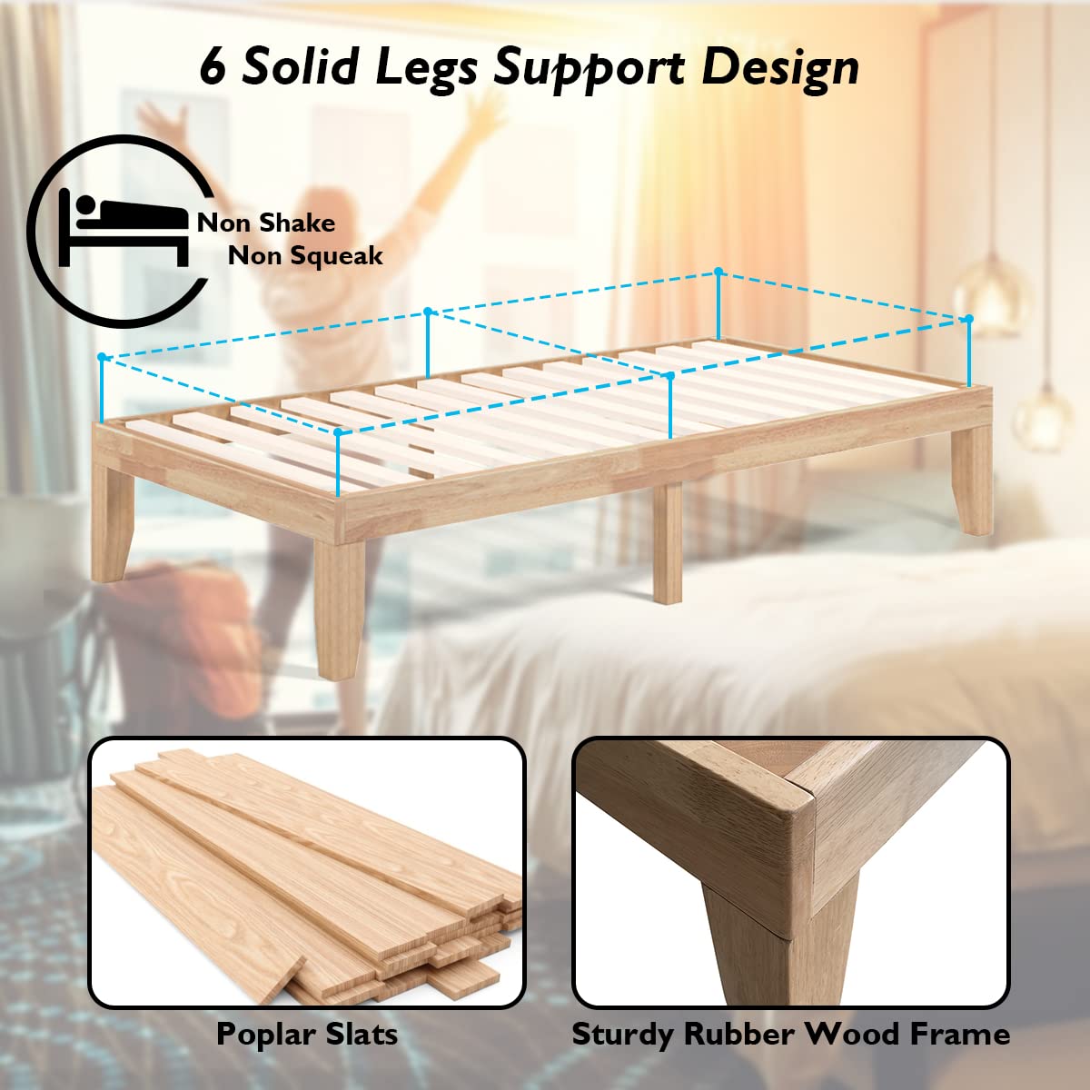 KOMFOTT 14 Inches Wood Platform Bed Frame Twin Size, Solid Wood Mattress Foundation with Rubber Wood Frame, Strong Poplar Wood Slat Support, No Box