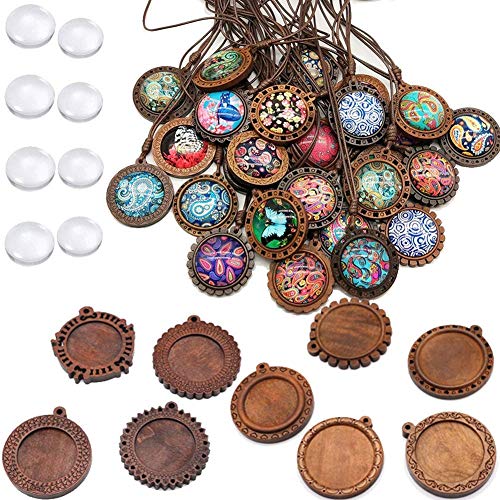 ToBeIT 36pcs Bezel Pendant Trays round wooden and Glass Cabochon Round Clear Dome for DIY Crafting Photo Jewelry Making ToBeIT