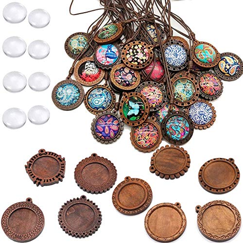 ToBeIT 36pcs Bezel Pendant Trays round wooden and Glass Cabochon Round Clear Dome for DIY Crafting Photo Jewelry Making