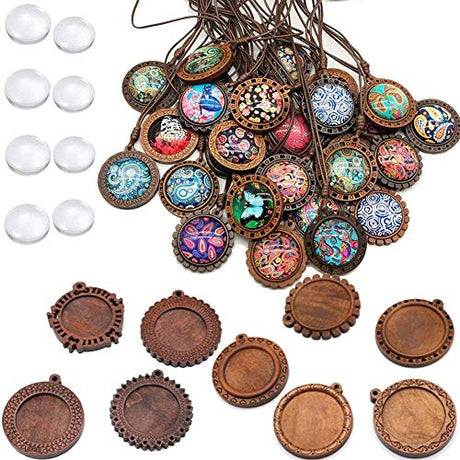 ToBeIT 36pcs Bezel Pendant Trays round wooden and Glass Cabochon Round Clear Dome for DIY Crafting Photo Jewelry Making ToBeIT