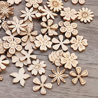 MILISTEN Wooden Flowers 100Pcs Mini Wooden Slice Wood Discs Slices Flower Leaf Grass Slices Unfinished Wooden Cutouts Craft DIY Decoration