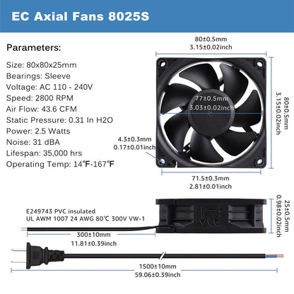 GDSIME AXIAL 8025, New Muffin Fan, 110V 115V 120V 220V 240V AC 80mm Fan, Ventilation Exhaust Projects Cooling Fan - WoodArtSupply