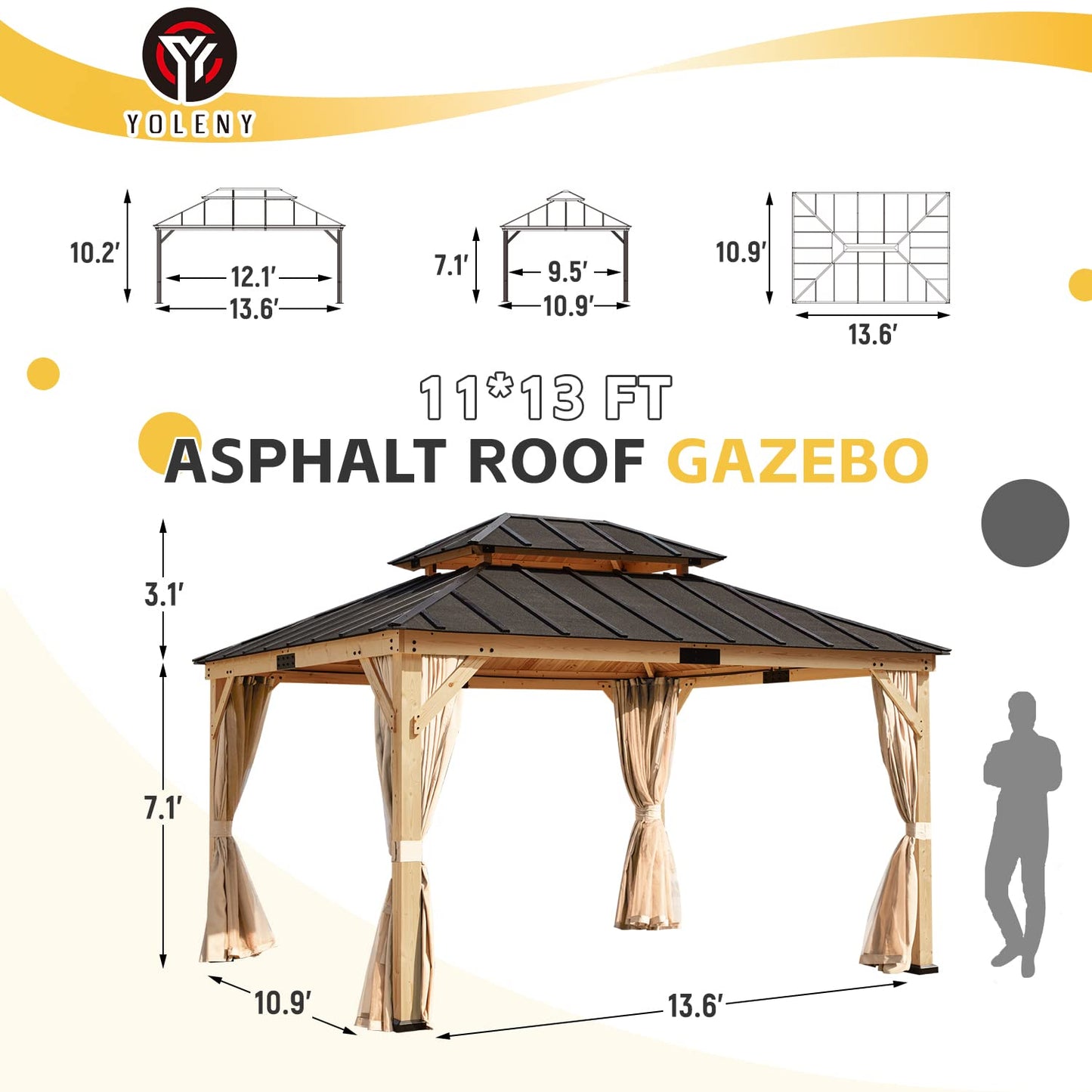 YOLENY 11' x 13' Solid Spruce Wood Gazebo, Hardtop Gazebo with Coated Wood Frame, Waterproof Asphalt Double Roof, Nettings and Curtains for Lawns, - WoodArtSupply