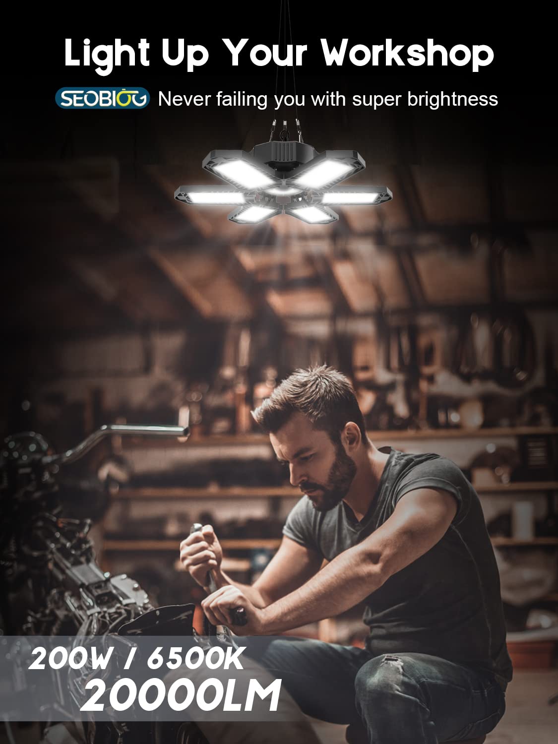 SEOBIOG 2 Pack Plug in Garage Light, Upgraded 200W 20000LM Linkable LED Shop Light, 6500K Ceiling Lights w/ 6 Deformable Panels for Garage, SEOBIOG