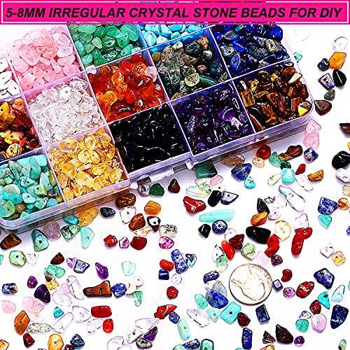 600PCS Crystal Stone Beads for Jewelry Making, Natural Chip Stone Beads 5-8mm Irregular Gemstones Multicolored Rock Loose Beads for Ring, Earrings,