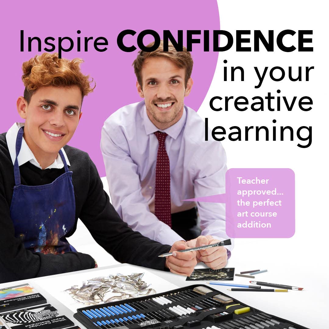 Castle Art Supplies 100 Piece Drawing & Sketching Set | Graphite, Charcoal, Pastel, Metallic & Water Soluble Pencils + Sticks, Fineliners | For Castle Art Supplies