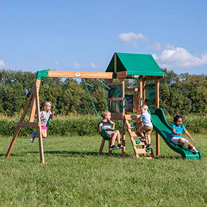 Backyard Discovery Buckley Hill Wooden Swing Set, Made for Small Yards and Younger Children, Two Belt Swings, Covered Mesh Fort with Canopy, Rock - WoodArtSupply