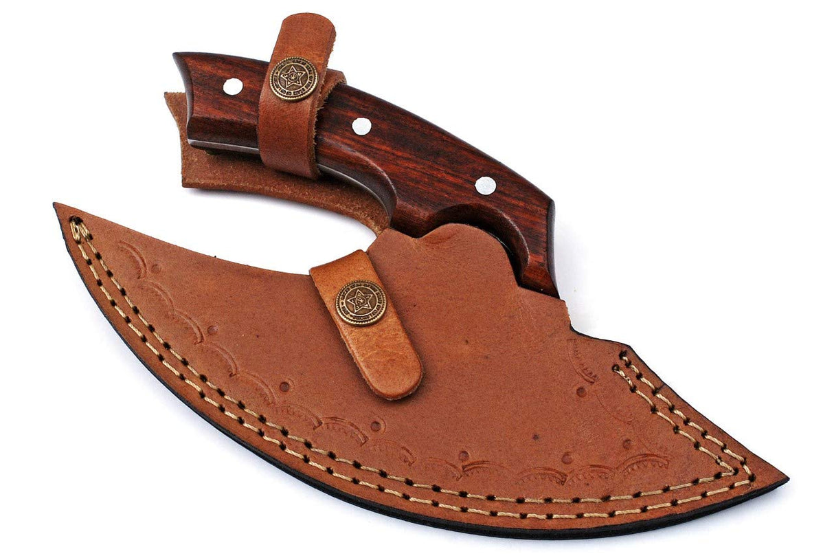 Super Knife Handmade Damascus Steel Ulu Knife - Fixed Blade knife for Chopping Boning Slicing Cutting ,Solid Rose Wood Handle with Leather Sheath, Super knife