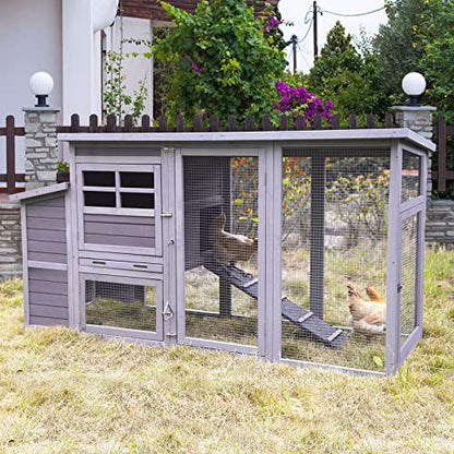 Aivituvin 78in Large Wooden Chicken Coop Outdoor Poultry Cage, Chicken House Hen Coop w/Ramps, Run, Nesting Box (Grey) - WoodArtSupply