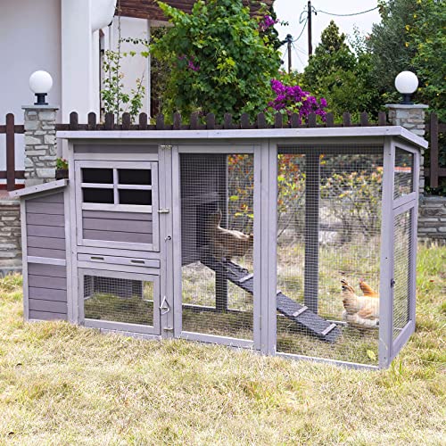 Aivituvin 78in Large Wooden Chicken Coop Outdoor Poultry Cage, Chicken House Hen Coop w/Ramps, Run, Nesting Box (Grey)