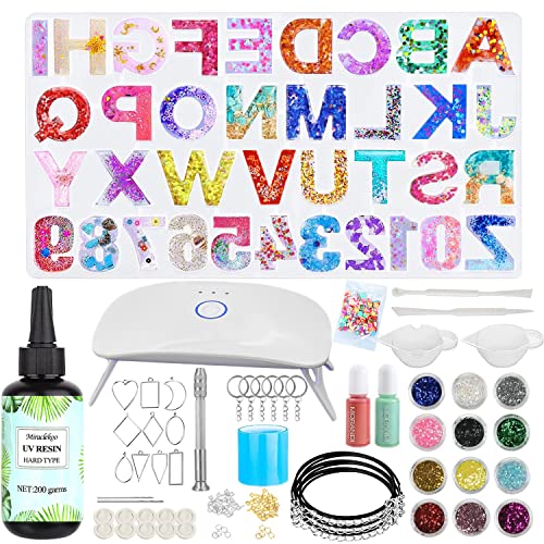 Miraclekoo UV Resin Kit with Light and Alphabet Resin Molds for Beginners, 7oz UV Epoxy Resin and Supplies with UV Lamp Resin Jewelry Molds Starter Miraclekoo