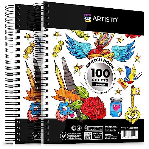 Artisto 9x12" Premium Sketch Book Set, Spiral Bound, Pack of 2, 200 Sheets (100g/m2), Acid-Free Drawing Paper, Ideal for Kids, Teens & Adults. - WoodArtSupply