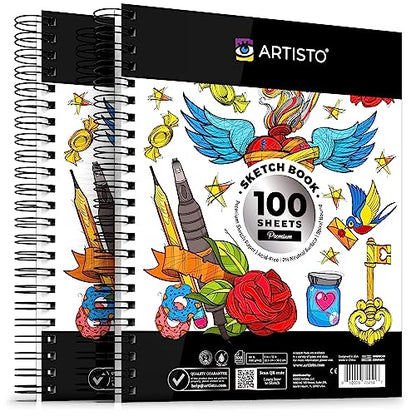 Artisto 9x12" Premium Sketch Book Set, Spiral Bound, Pack of 2, 200 Sheets (100g/m2), Acid-Free Drawing Paper, Ideal for Kids, Teens & Adults. - WoodArtSupply