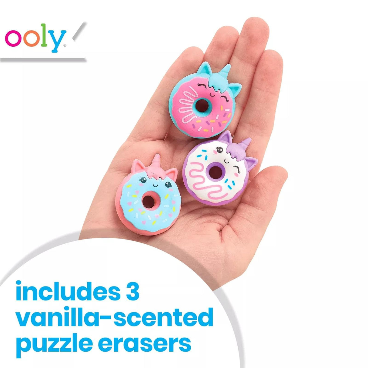 OOLY Magic Bakery Unicorn Donuts, Vanilla-Scented Erasers for Pencils - Set of 3 Donut Erasers for School, Home, or Office - Mix and Match Puzzle Ooly