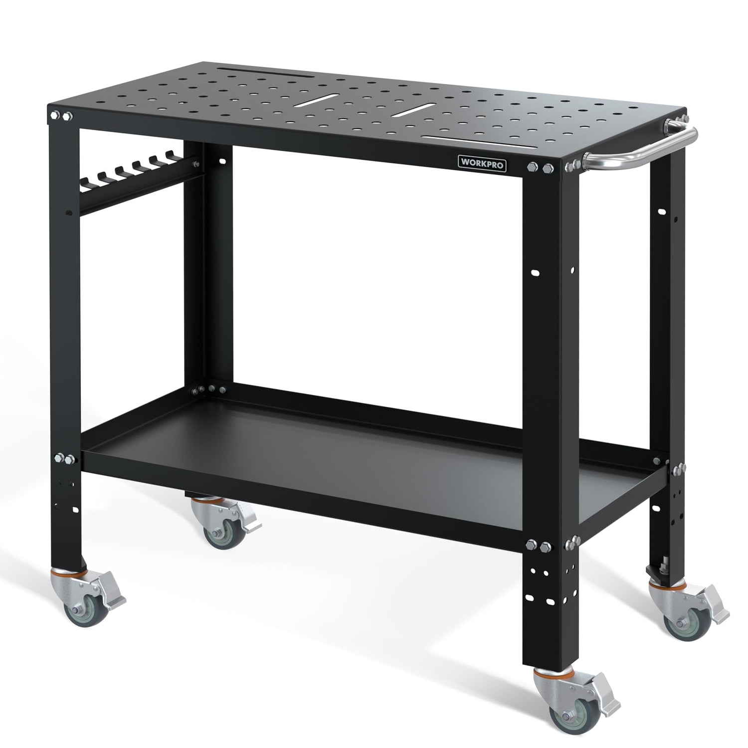 WORKPRO 36”×18” Welding Table, 1200 lbs Load Capacity, Nitriding Tabletop, Portable Welding Table with 5/8" Holes on Top, Welding Cart, Casters with WORKPRO