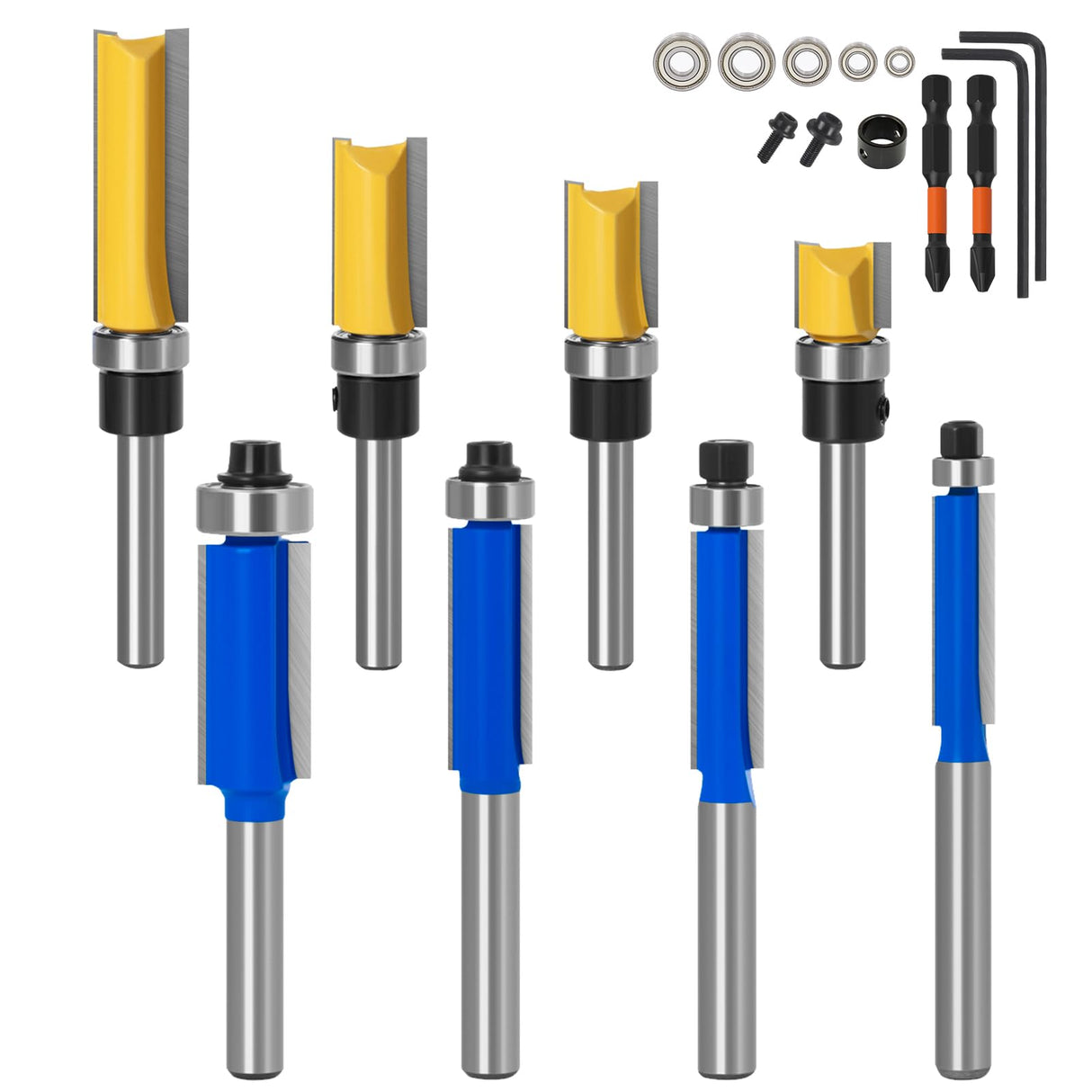 AzReference 16 PCS Flush Trim Router Bit Set, 1/4 Inch Shank, Carbide Bits with Top Bearing for Woodworking, 1/2" Cutting Diameter, Tear-Out AzReference