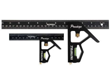 Faithfull FAICS300TCNC Prestige Twin Pack Aluminium Combination Squares 150 mm (6 in) and 300 mm (12 in),Black Faithfull