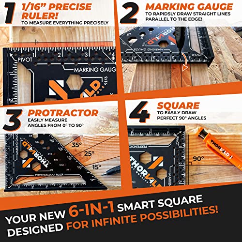 THORVALD 2 Carpenter Square 7 inch (1/16" Precision) + 2 Pencils + 12 Leads - T Square Multi-Purpose Carpenter Tools : Wrench, Square, Protractor, THORVALD